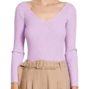 Anna Quan Elsa Ribbed Top 100% Cotton Long Sleeve Plunge V-Neck Low Back Tan 12